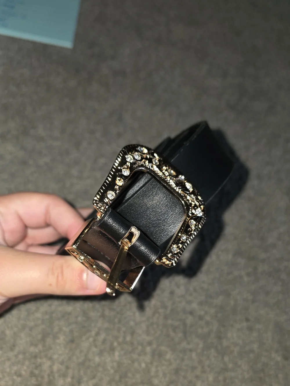 SHEIN Black Belt with Gold Crystal-Embellished Buckle